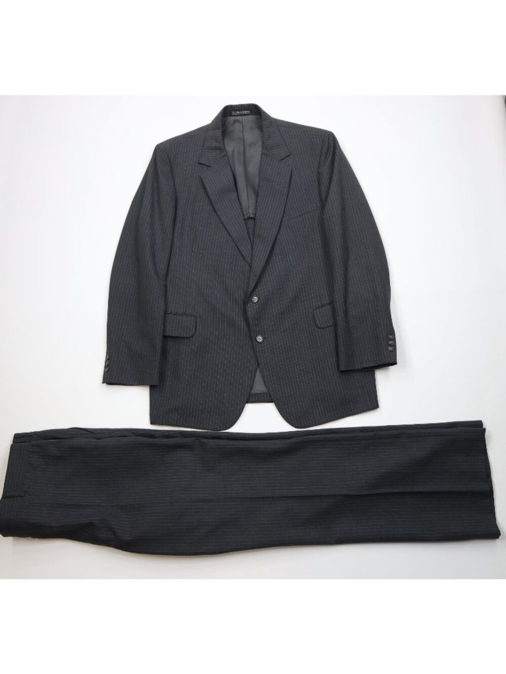 Vtg 70s Mens 46L 2 Piece Pinstripe Wool Suit Wedding Bell Bottoms 38x34 Gray USA